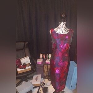 Kasper Vibrant Red, Fushia, and Purple Just Below The Knee Length Dress.